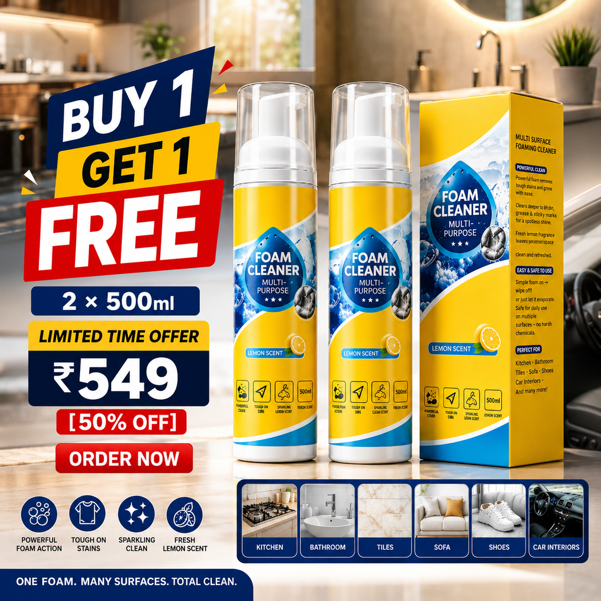 Multi-Purpose Foam Cleaner & Stain Remover – Deep Cleaning Spray for Home, Car, Sofa, Shoes & More