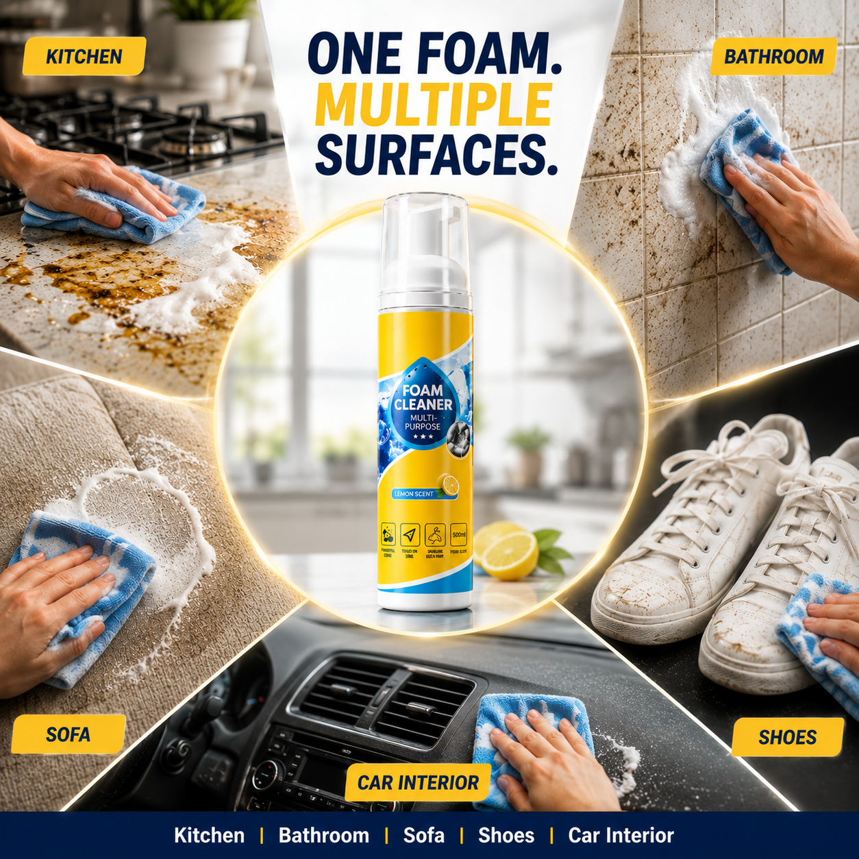 Multi-Purpose Foam Cleaner & Stain Remover – Deep Cleaning Spray for Home, Car, Sofa, Shoes & More