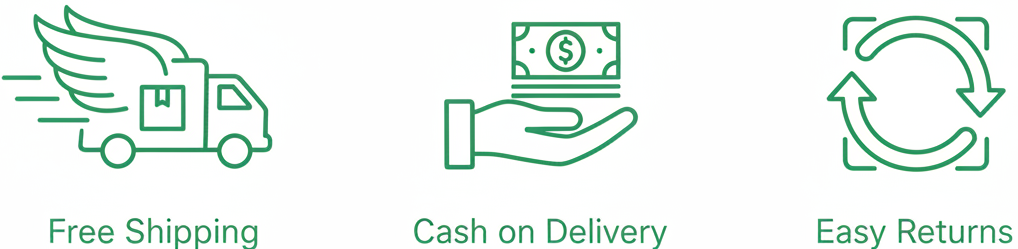generate an image with 3 icons in green, 1st showing free shipping, 2ns COD cash on delivery 3rd saying easy returns